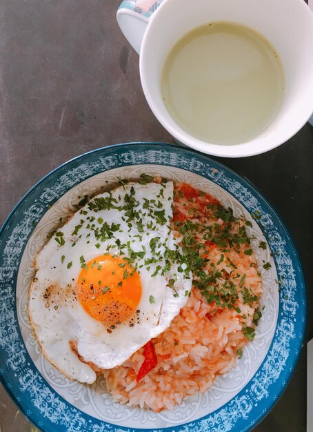 High angle view of breakfast served on table