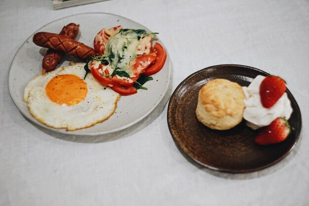 High angle view of breakfast served on table