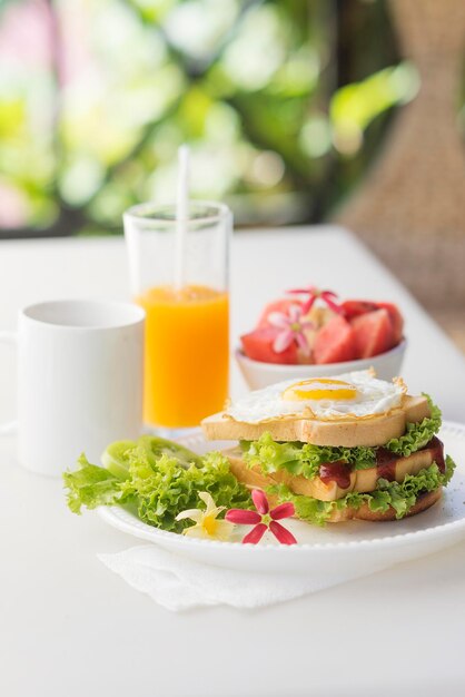 High angle view of breakfast served on table