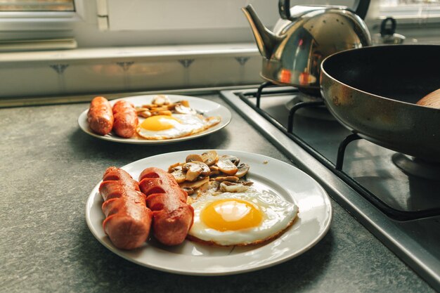 Photo high angle view of breakfast served on table