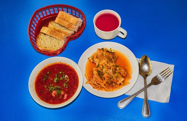 High angle view of breakfast served on table