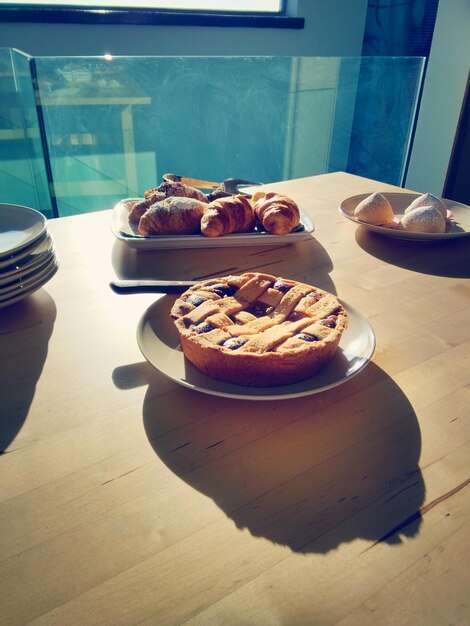 High angle view of breakfast served on table