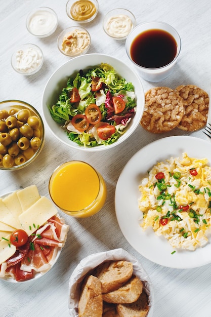 High angle view of breakfast served on table