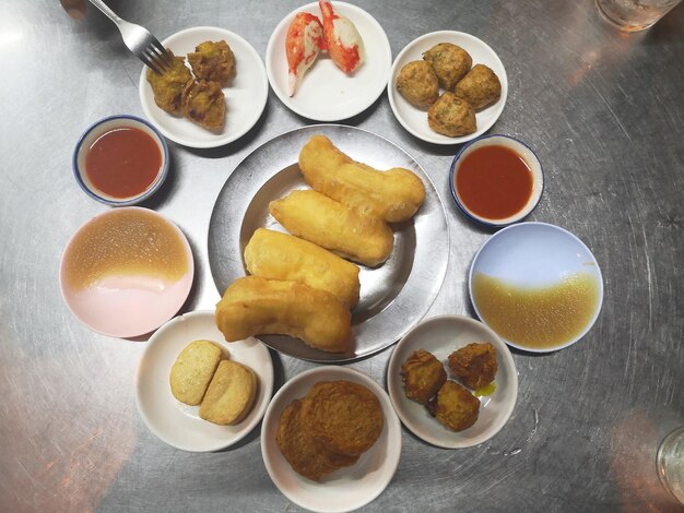 High angle view of breakfast served on table