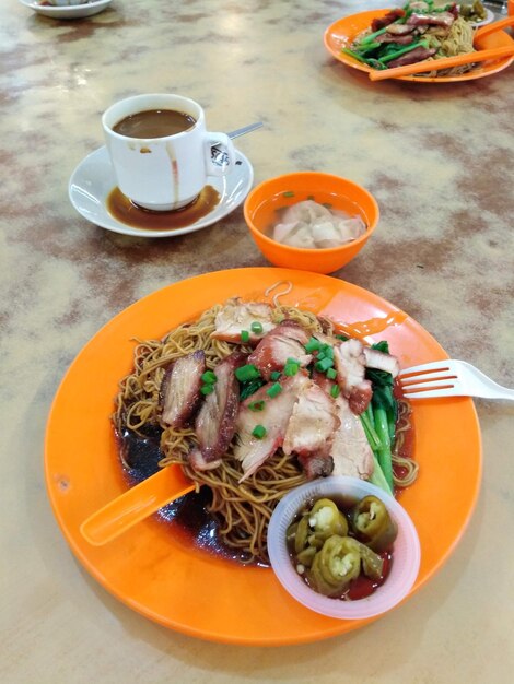 High angle view of breakfast served on table