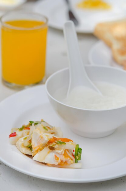 High angle view of breakfast served on table