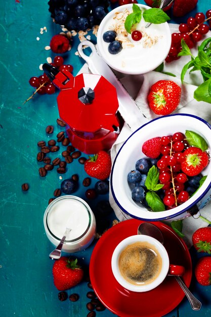 High angle view of breakfast served on table