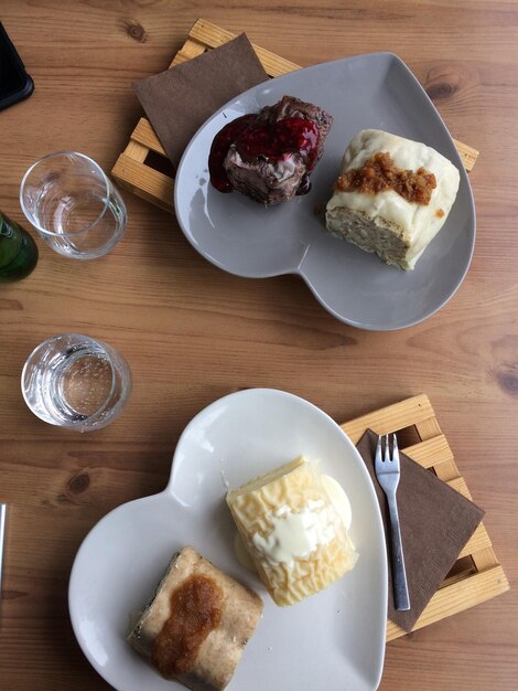 High angle view of breakfast served on table