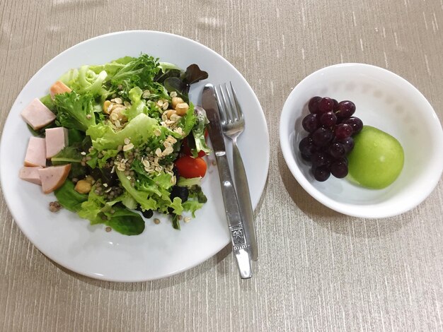 High angle view of breakfast served on table