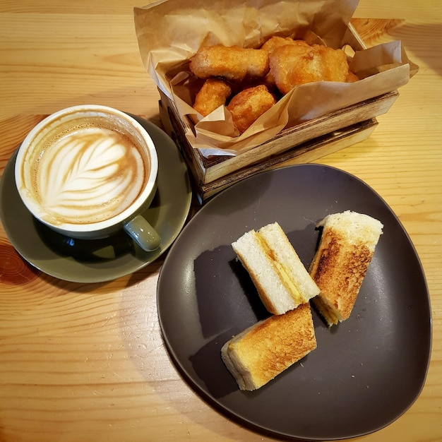 High angle view of breakfast on table