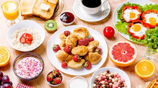high angle view of breakfast on table