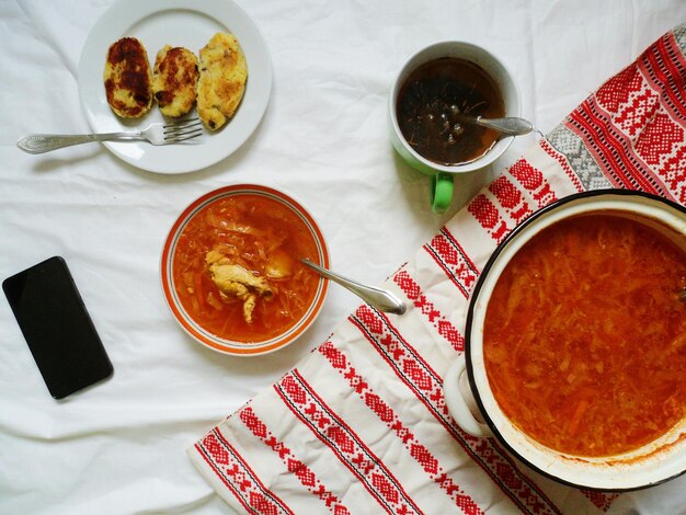 high angle view of breakfast on table