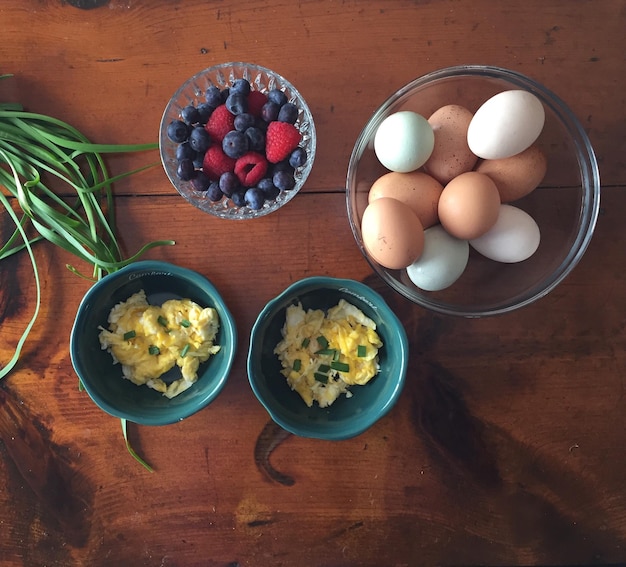 High angle view of breakfast on table