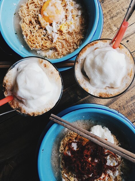 High angle view of breakfast on table