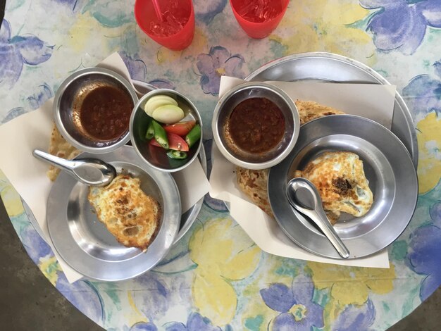 High angle view of breakfast on table