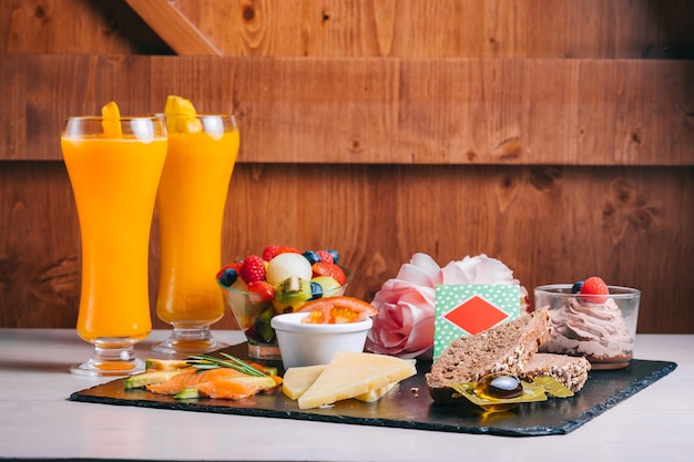 High angle view of breakfast on table