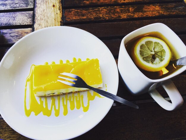 High angle view of breakfast on table