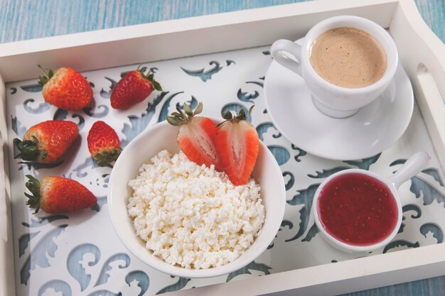 High angle view of breakfast on table