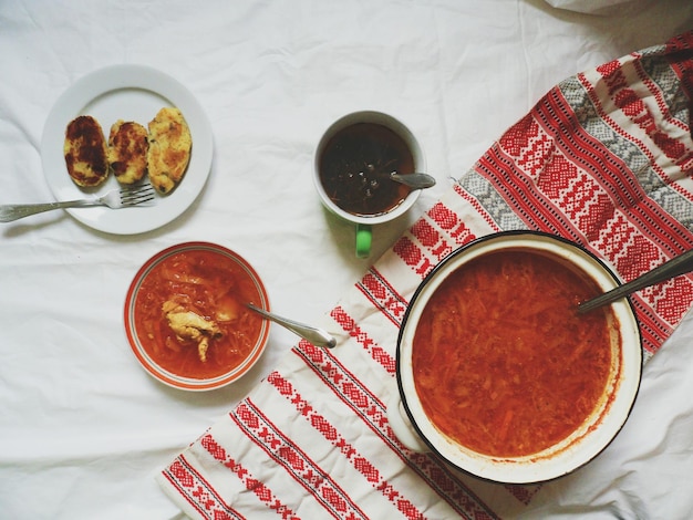 high angle view of breakfast on table