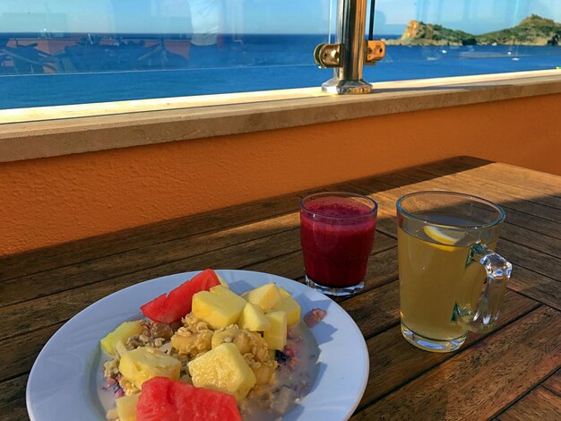 High angle view of breakfast on table