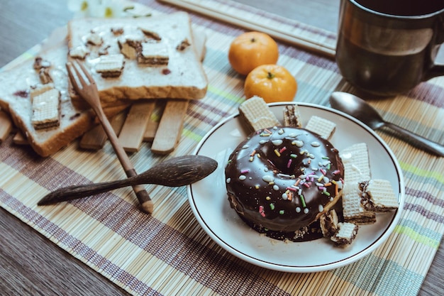 High angle view of breakfast on table