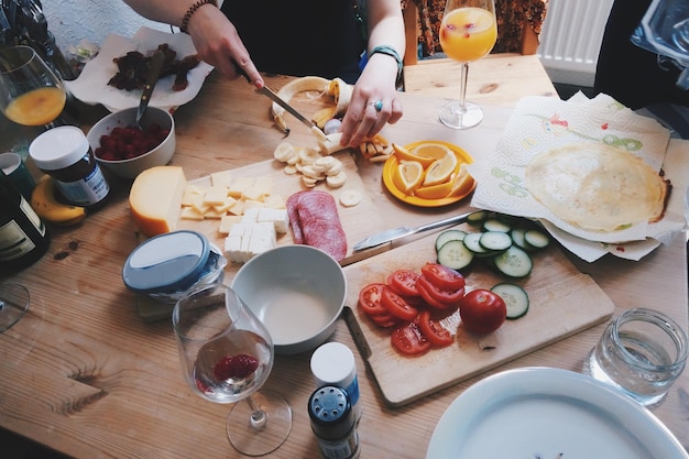 High angle view of breakfast on table