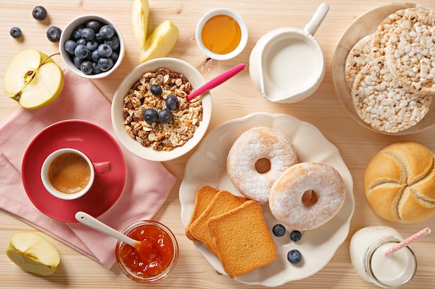 High angle view of breakfast on table