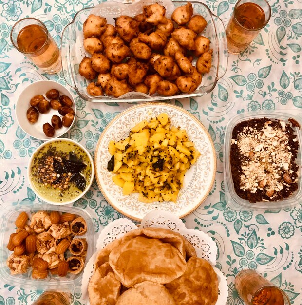 High angle view of breakfast on table