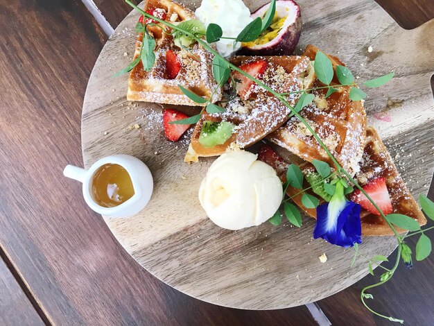 High angle view of breakfast on table