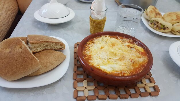 High angle view of breakfast on table