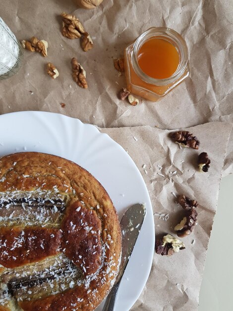 High angle view of breakfast on table