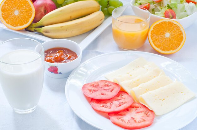 High angle view of breakfast on table