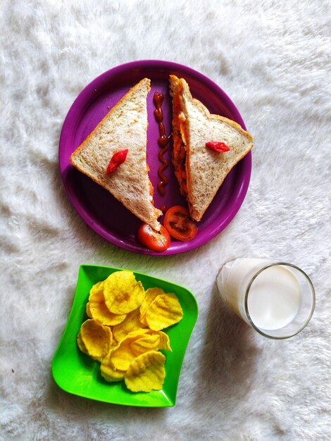 High angle view of breakfast on table