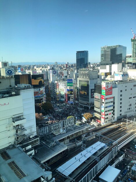 High angle view of buildings against clear sky