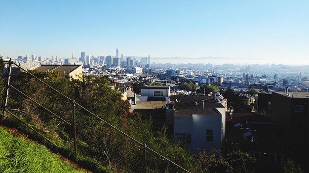 High angle view of buildings against clear sky