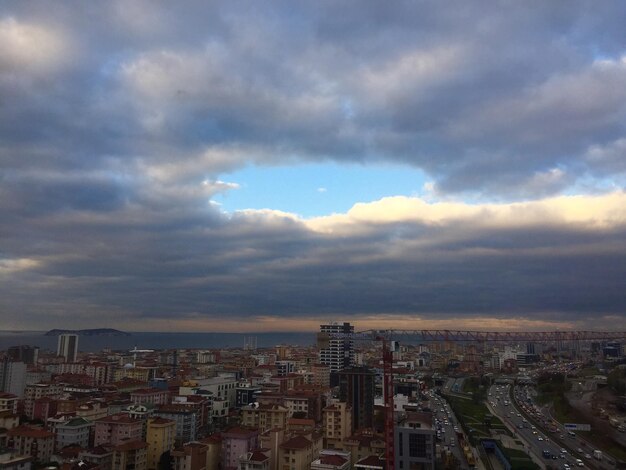 High angle view of buildings against sky in city