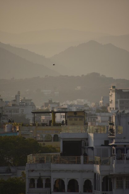 Photo high angle view of buildings against sky during sunset