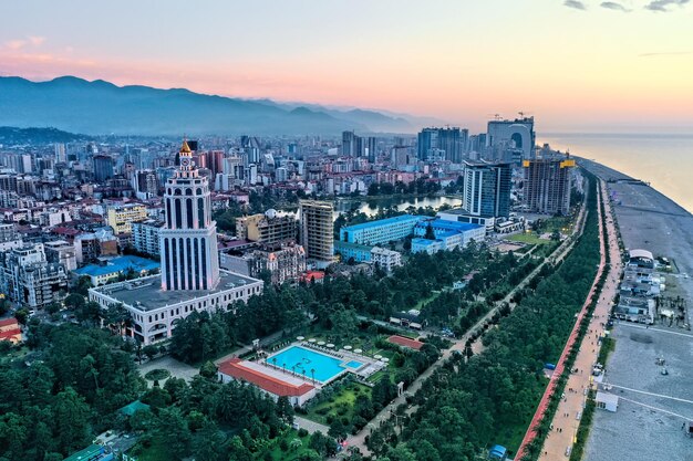 High angle view of buildings against sky during sunset