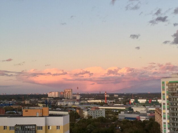 High angle view of buildings against sky during sunset