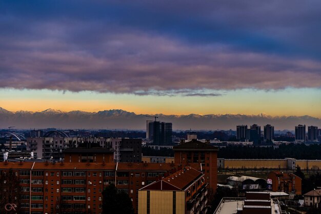 High angle view of buildings against sky during sunset