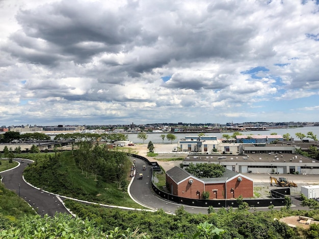 High angle view of buildings against sky