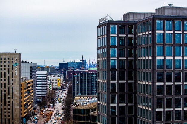 High angle view of buildings against sky