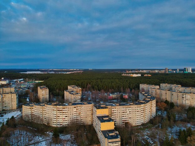 High angle view of buildings against sky