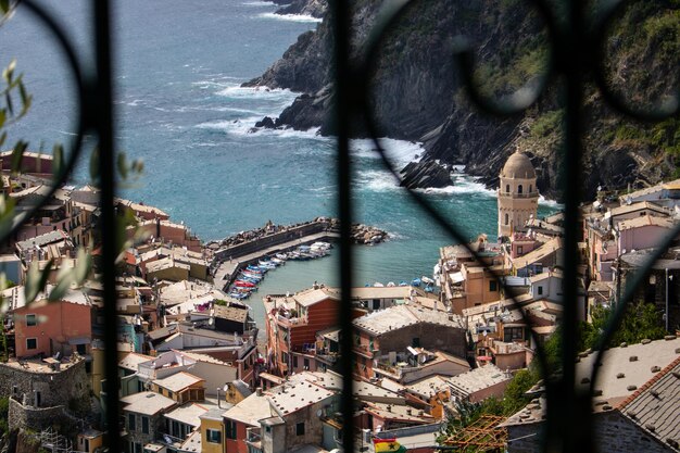 High angle view of buildings by sea