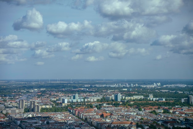 High angle view of buildings in city against sky