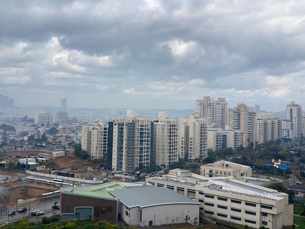 High angle view of buildings in city against sky