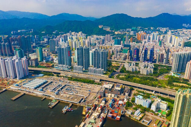 High angle view of buildings in city against sky