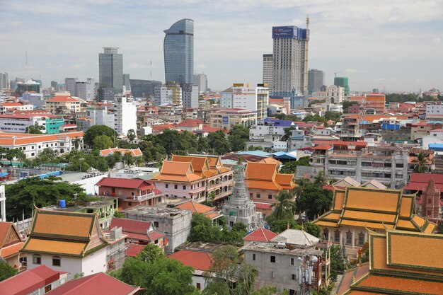 High angle view of buildings in city against sky