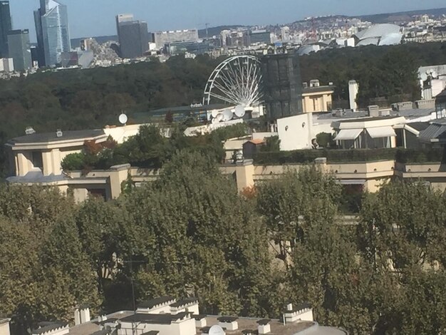 High angle view of buildings in city against sky