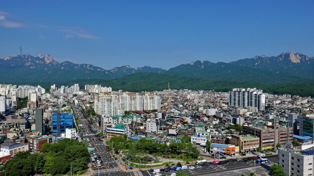 High angle view of buildings in city against sky